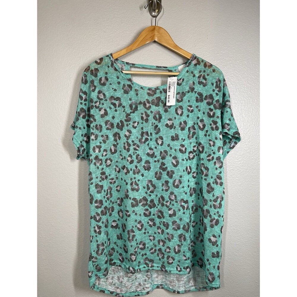 NWT‎ Boutique Aqua Leopard Lightweight Loose Knit Blouse Top Sz M Oversized